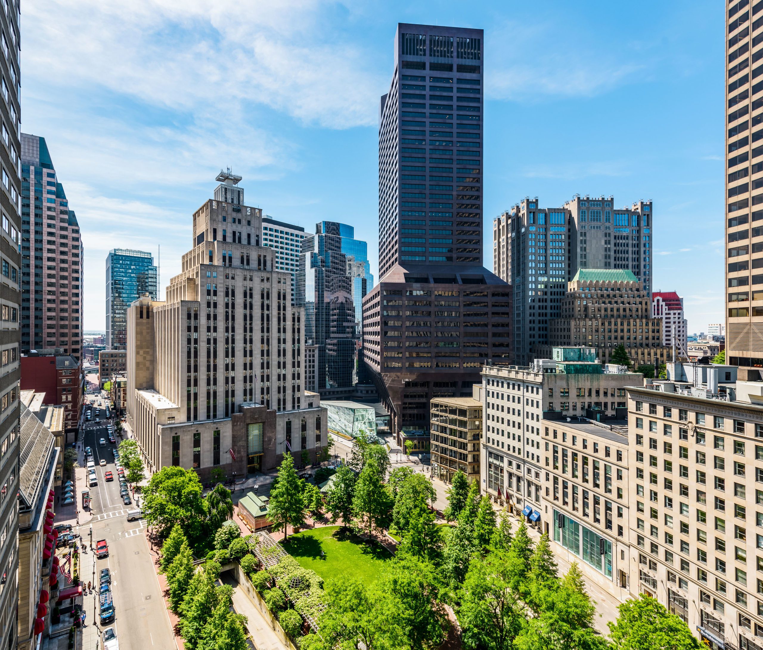 100 Federal Street overlooking Post Office Square on a sunny day.