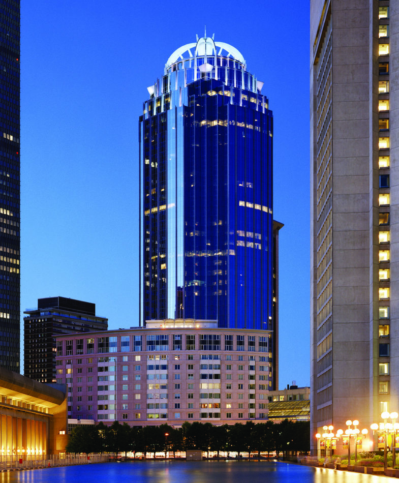 Night view of 111 Huntington Avenue from the Christian Science Plaza.