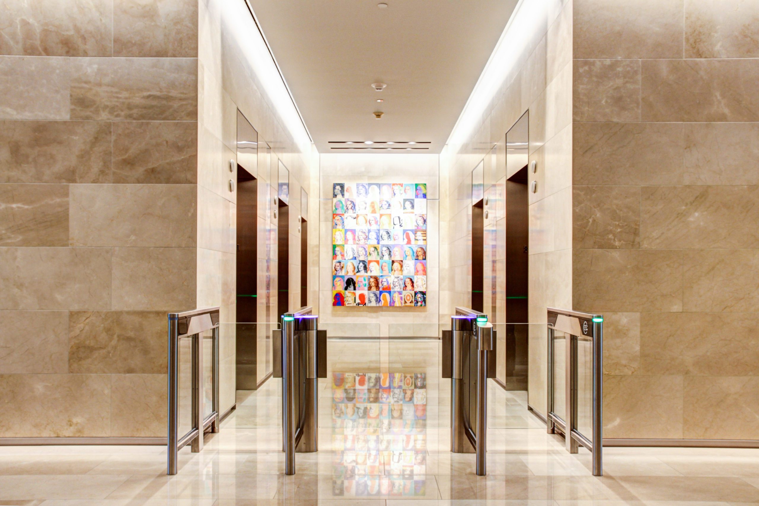 Elevator bays in lobby of 1330 Connecticut Avenue.