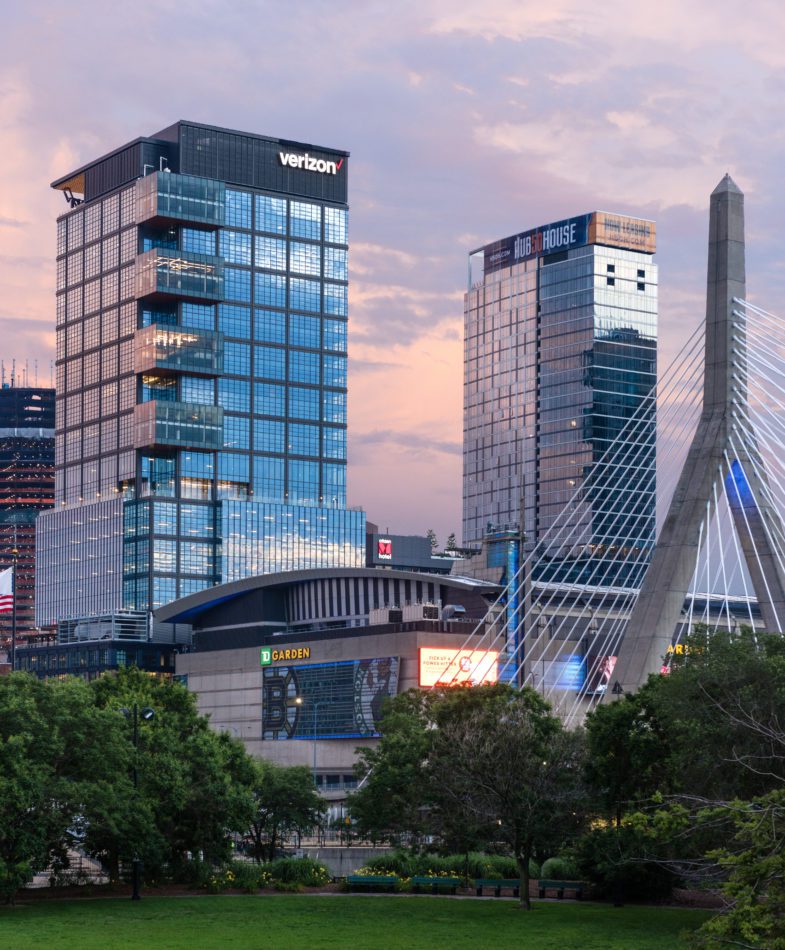 The Hub on Causeway at Dusk with the Zakim Bridge in the foreground.