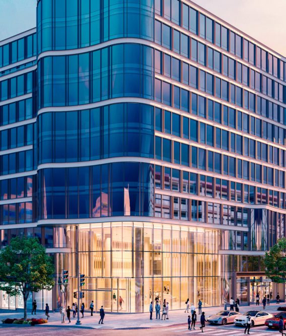 Architectural rendering of 2100 Pennsylvania Avenue at sunset