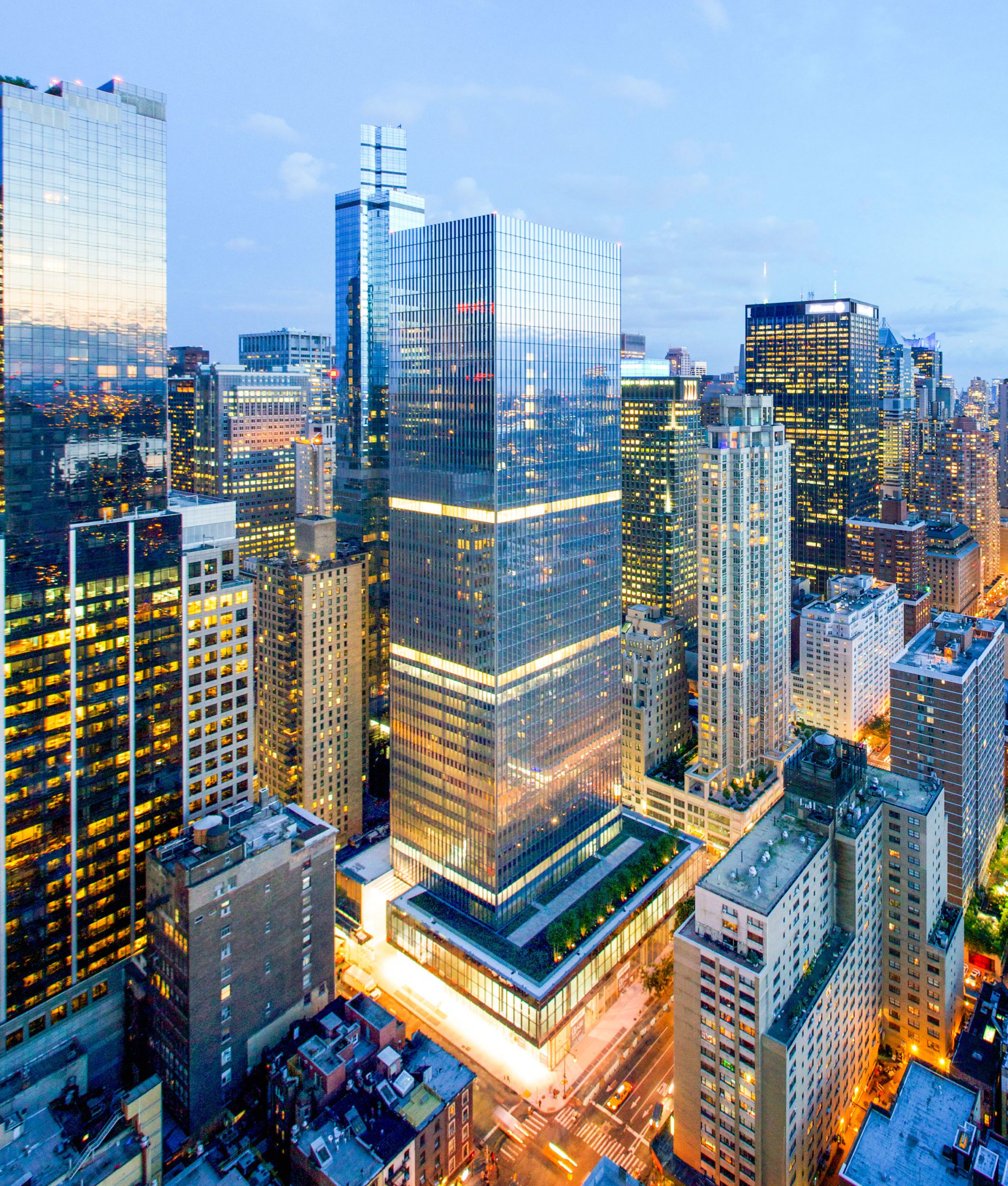 250 West 55th Street with Manhattan in view.