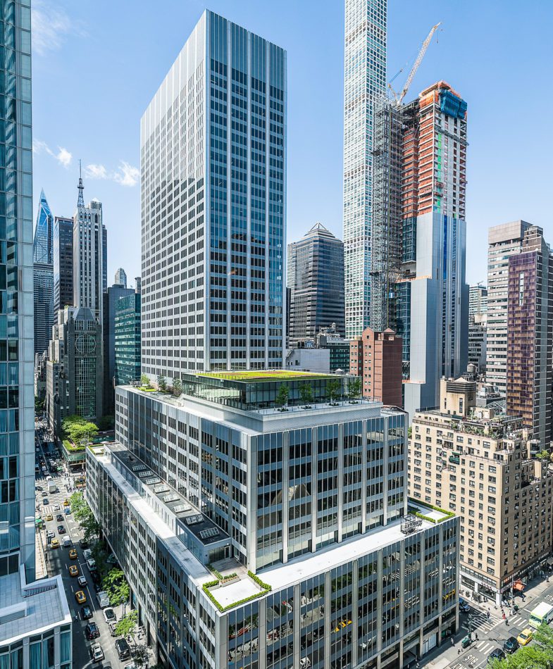 Architectural rendering of 399 Park Avenue with New York City skyscrapers in the background.