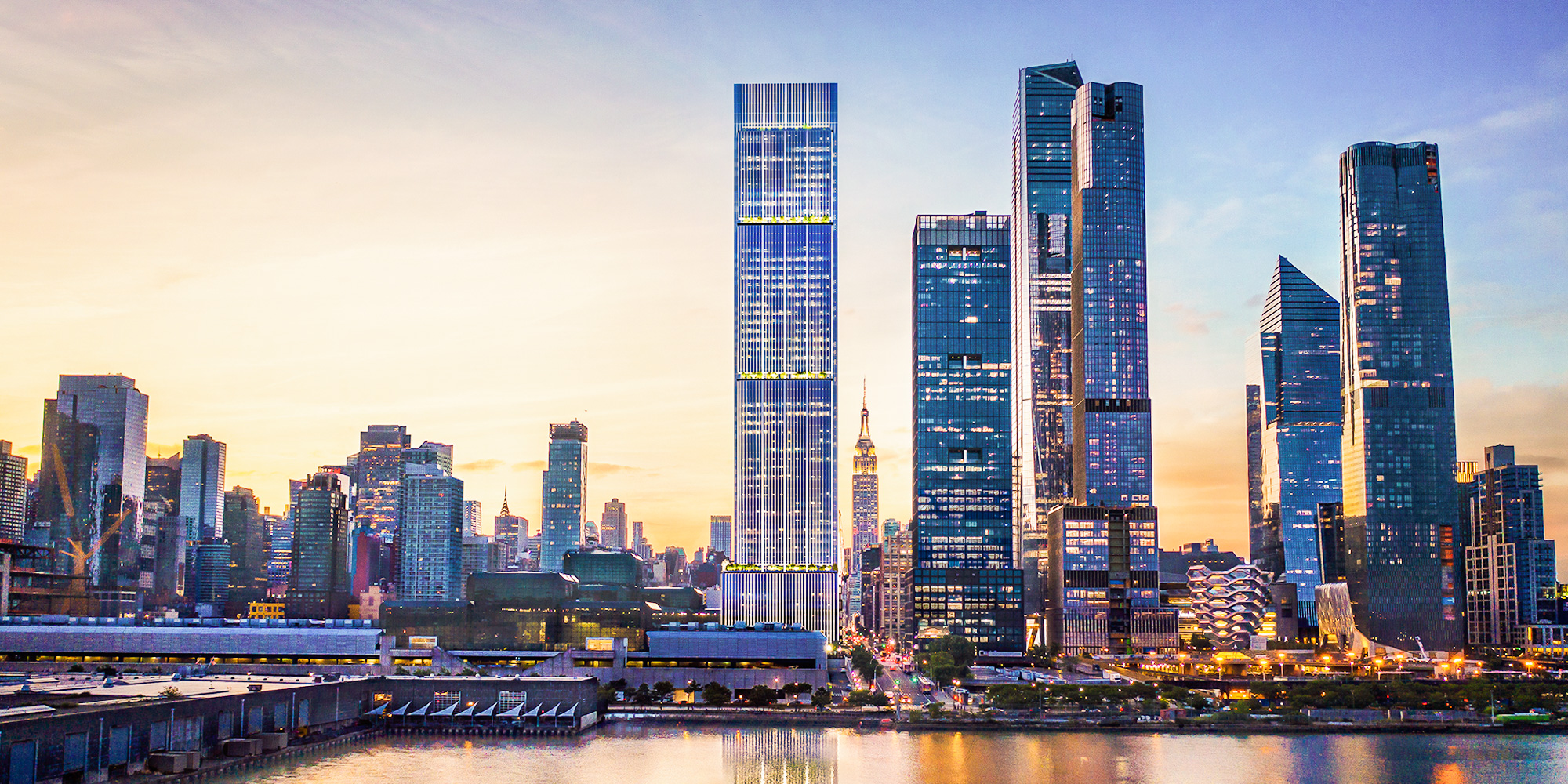 Architectural Rendering of Hudson Yards with Manhattan in the distance