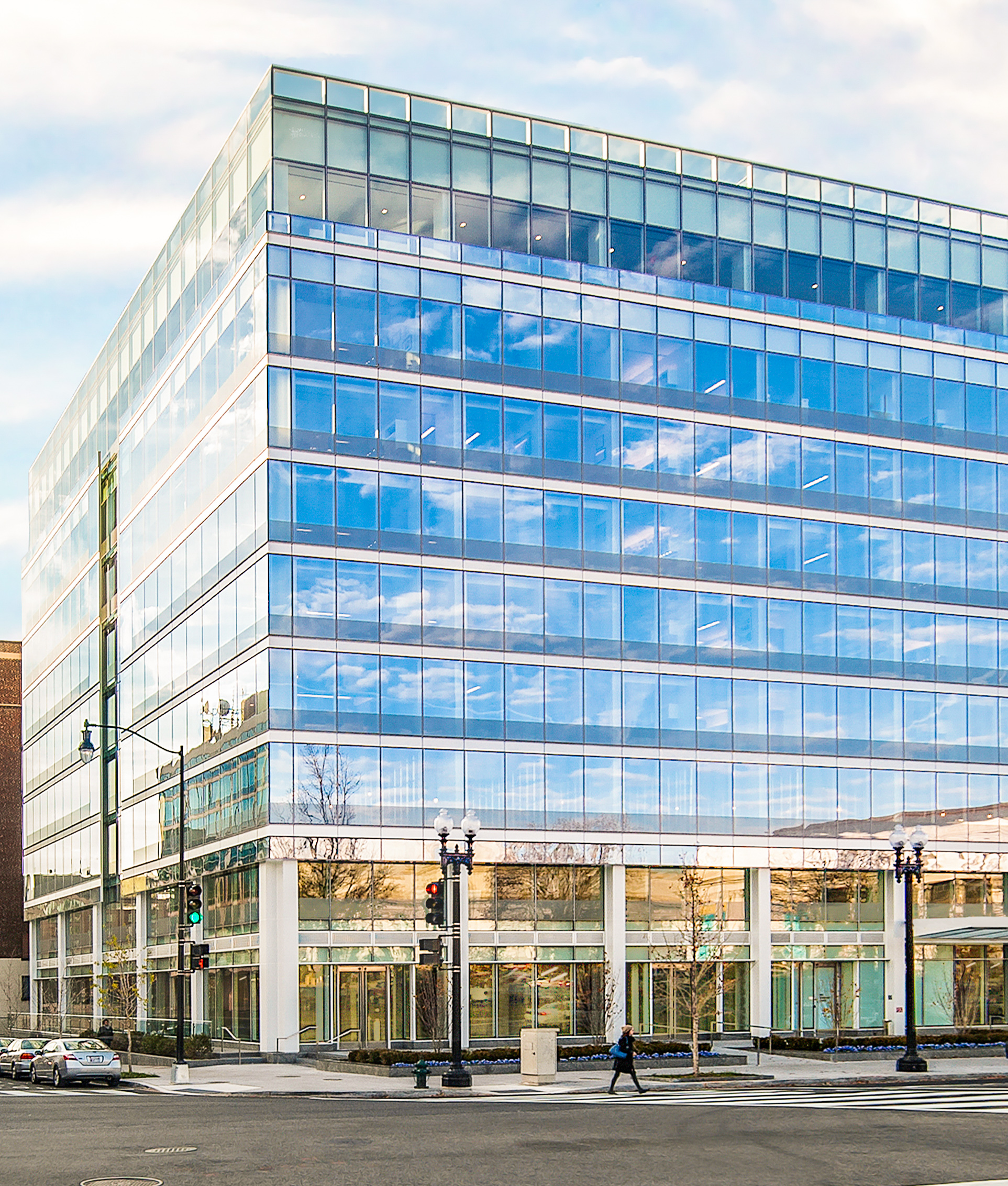 Bustling street view of 500 North Capital on a winter morning.