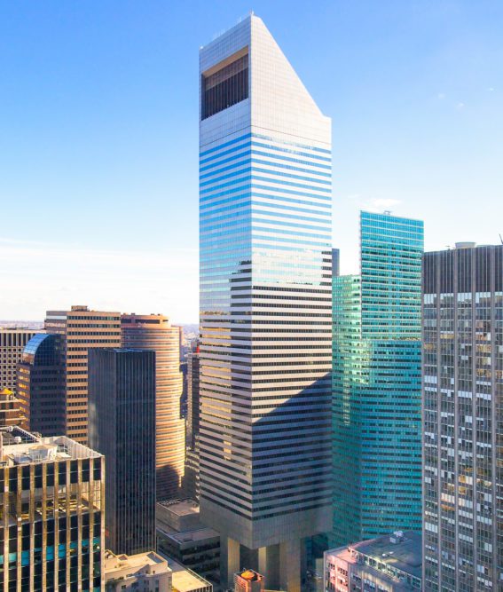 601 Lexington towering over Manhattan on bright sunny morning.