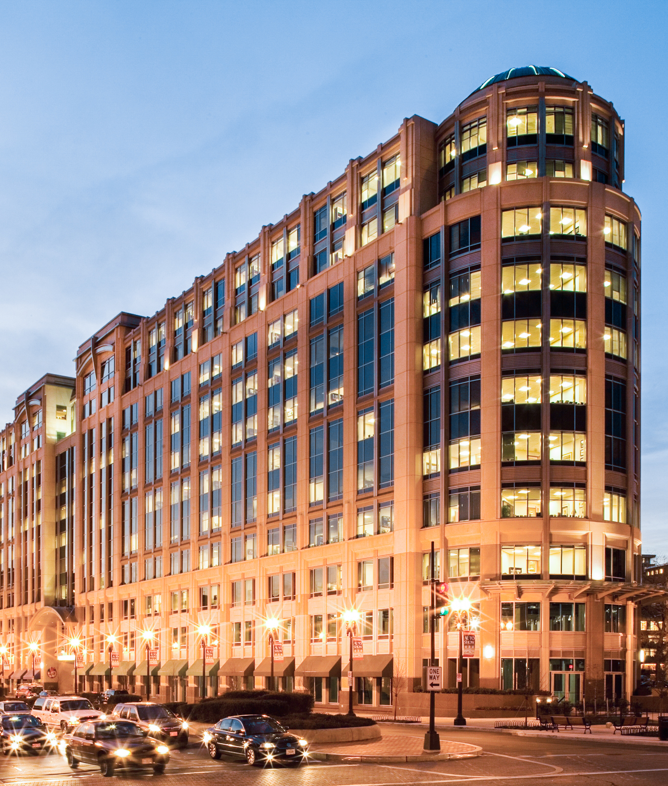 901 New York Avenue lit up at dusk