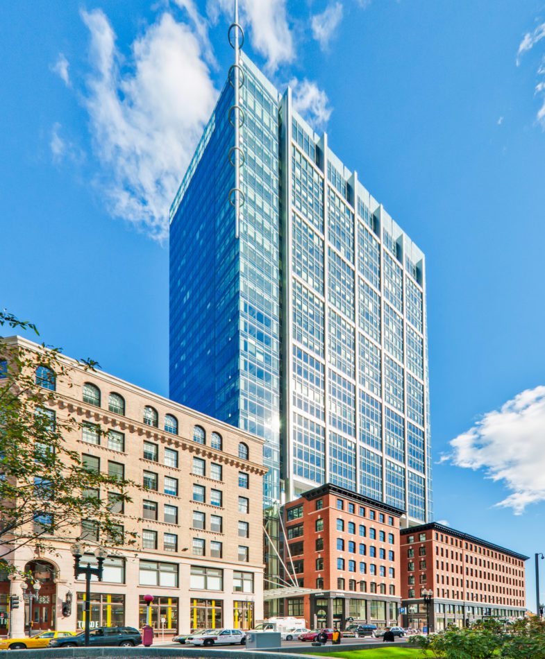 Atlantic Wharf on a bright blue sunny day.