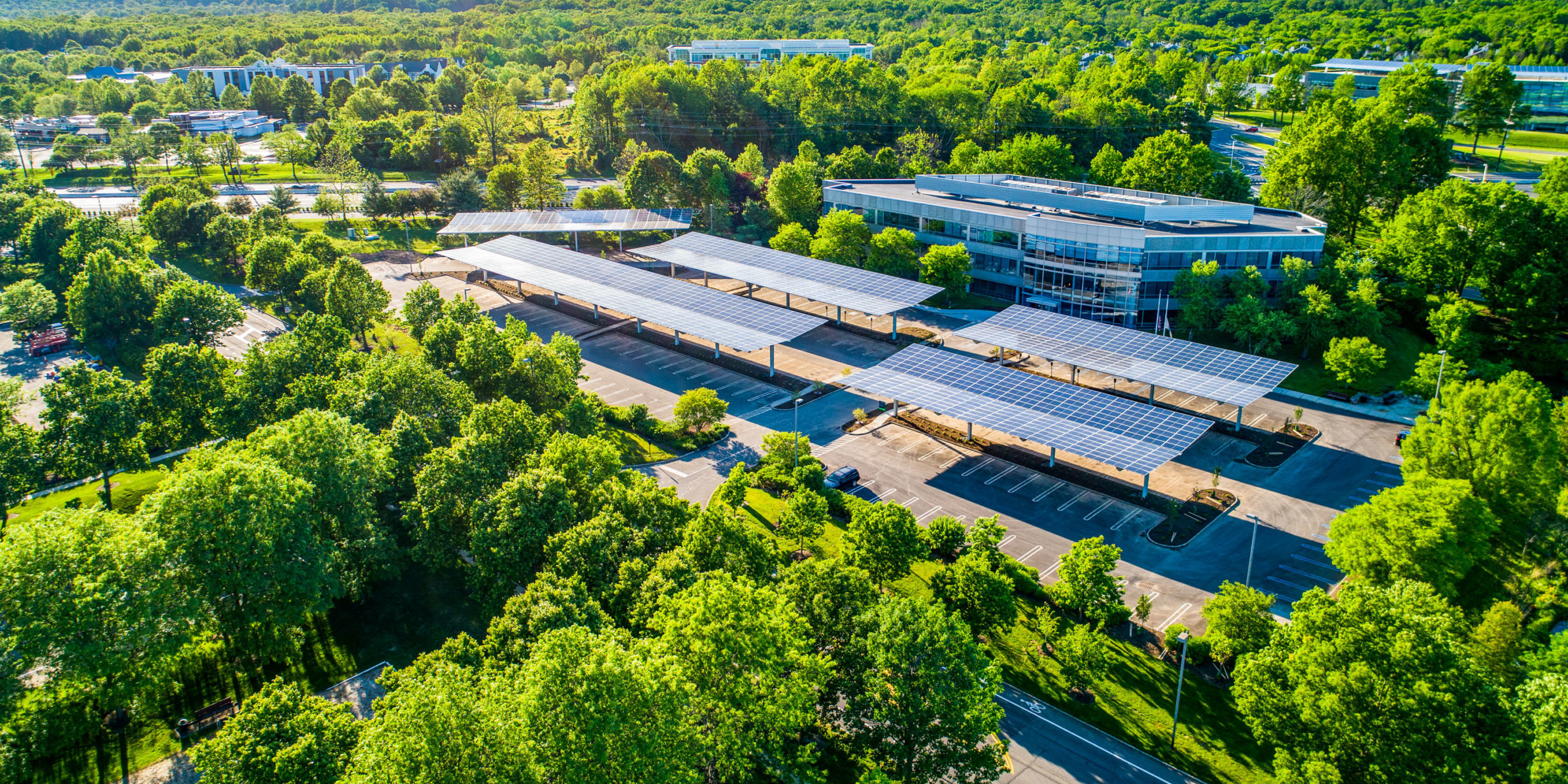 Aerial view of solar panels above the parking lots at Carnegie Center