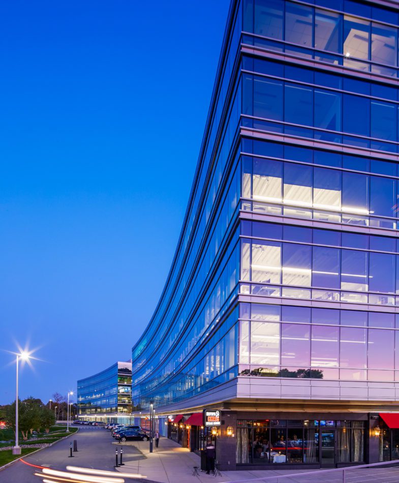 Corner of a building at City Point at dusk.