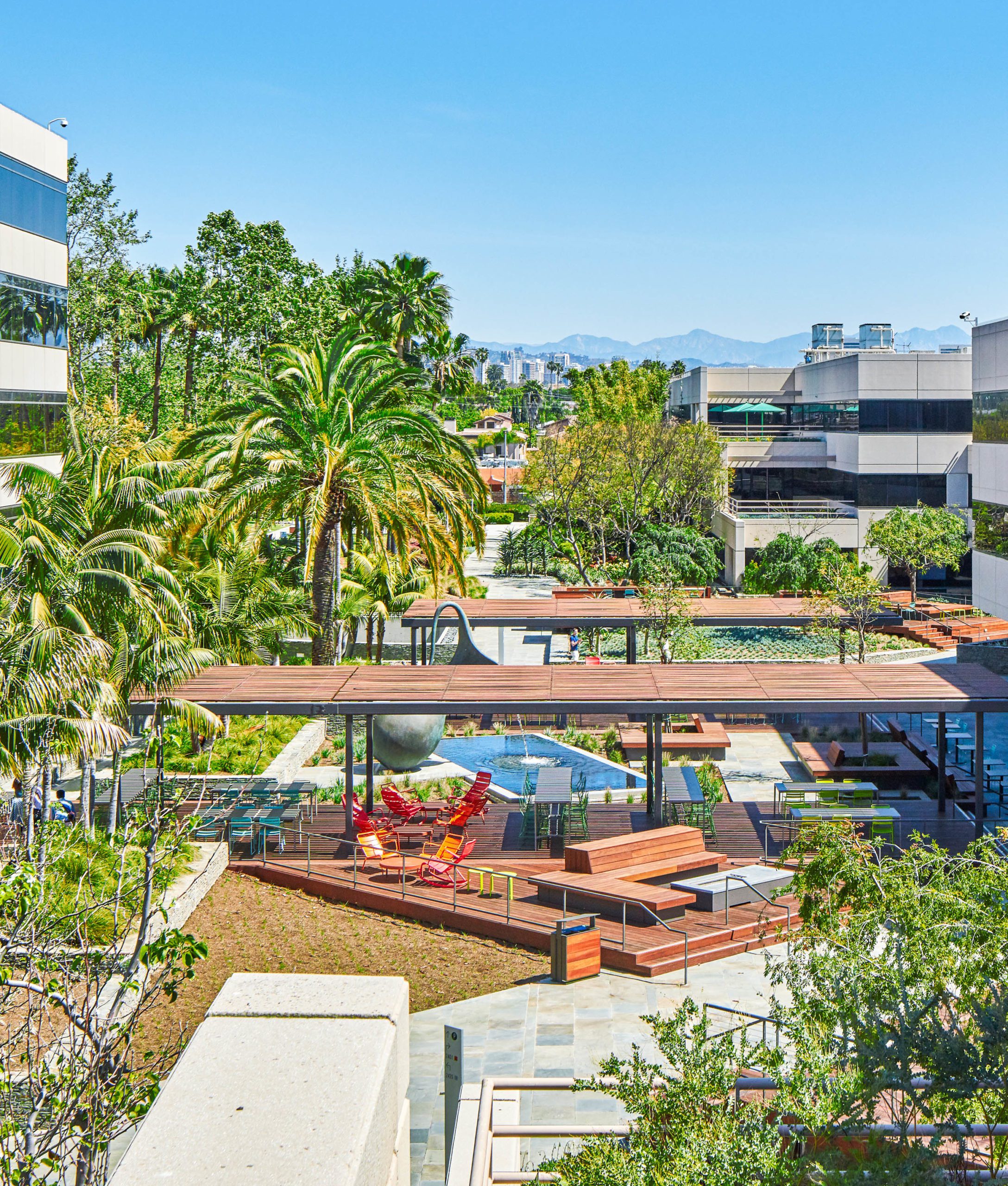 Courtyard at Colorado Center with Palm Trees and mountains in the distance.