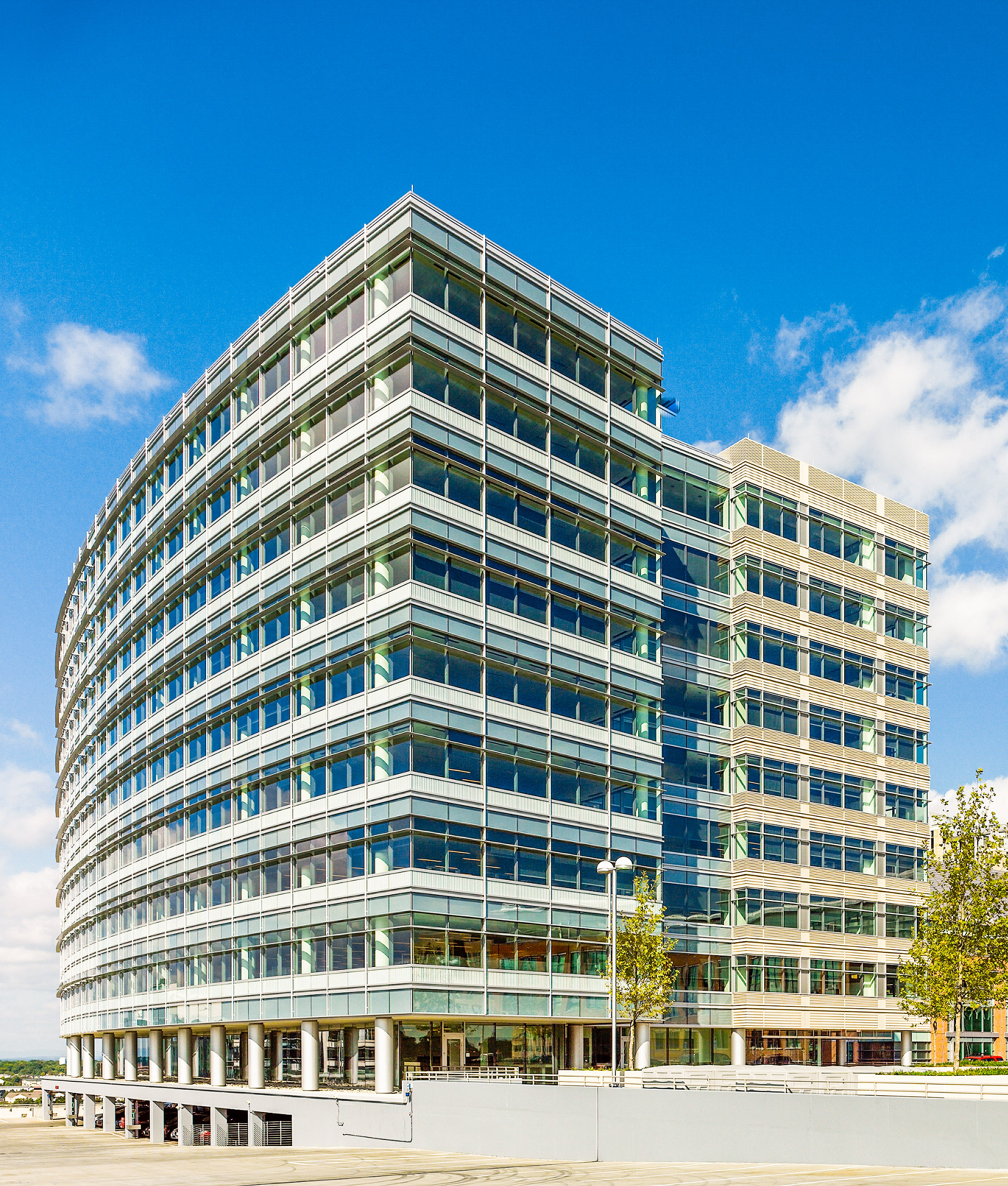 Exterior facade of Democracy Tower at daytime.