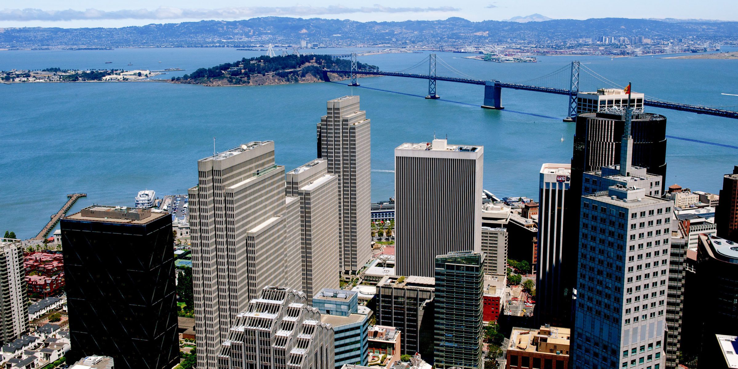 Aerial view of Embarcadero Center with San Francisco Bay in the distance