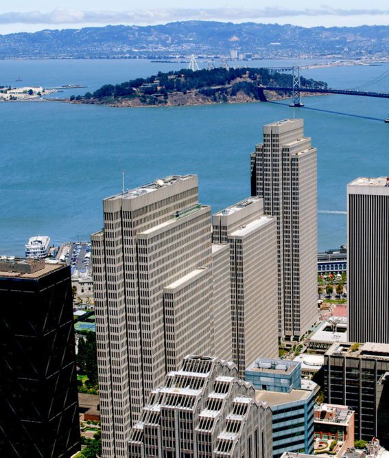 Aerial view of Embarcadero Center with San Francisco Bay in the distance