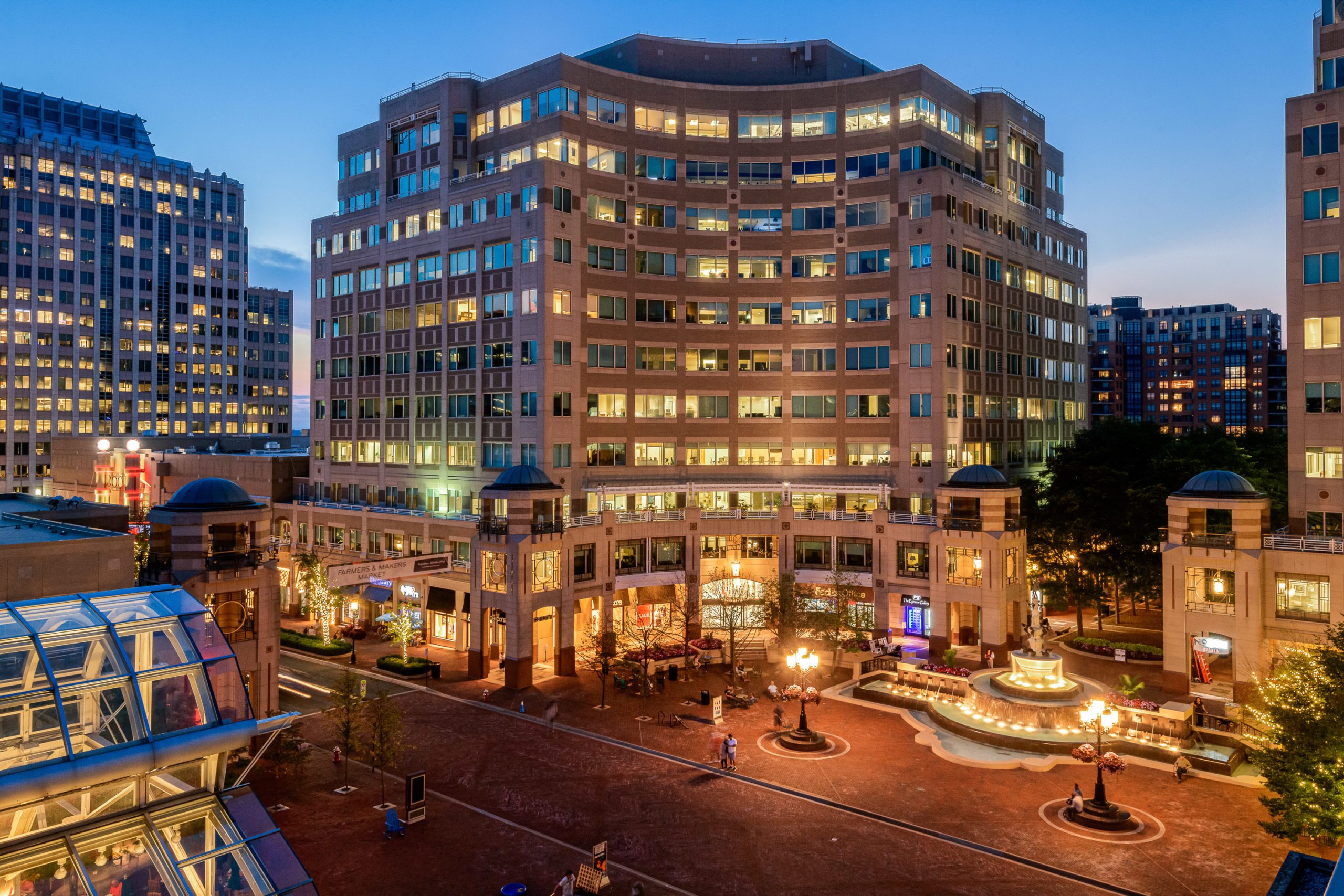 Fountain Square courtyard at night