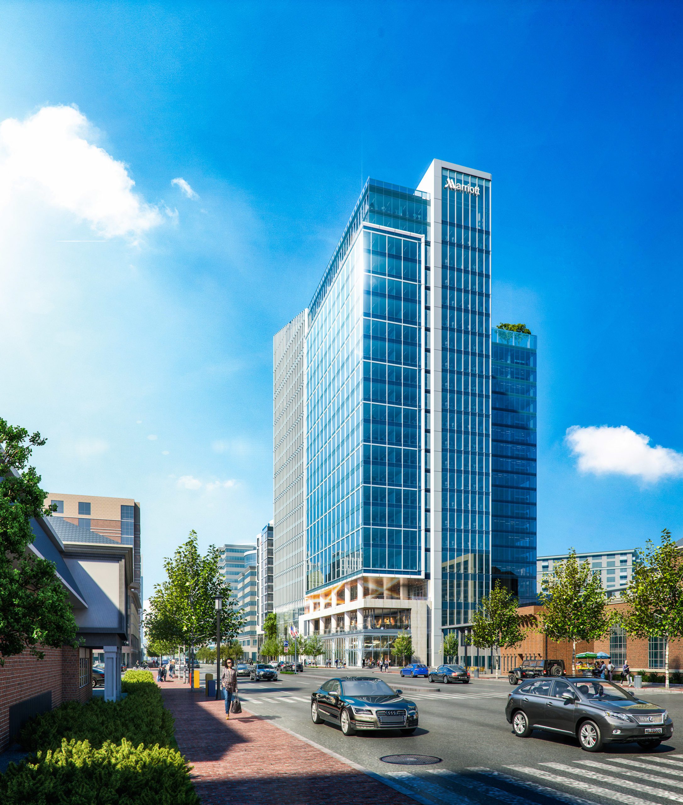 Architect's Rendering of Marriott Bethesda HQ on a sunny day