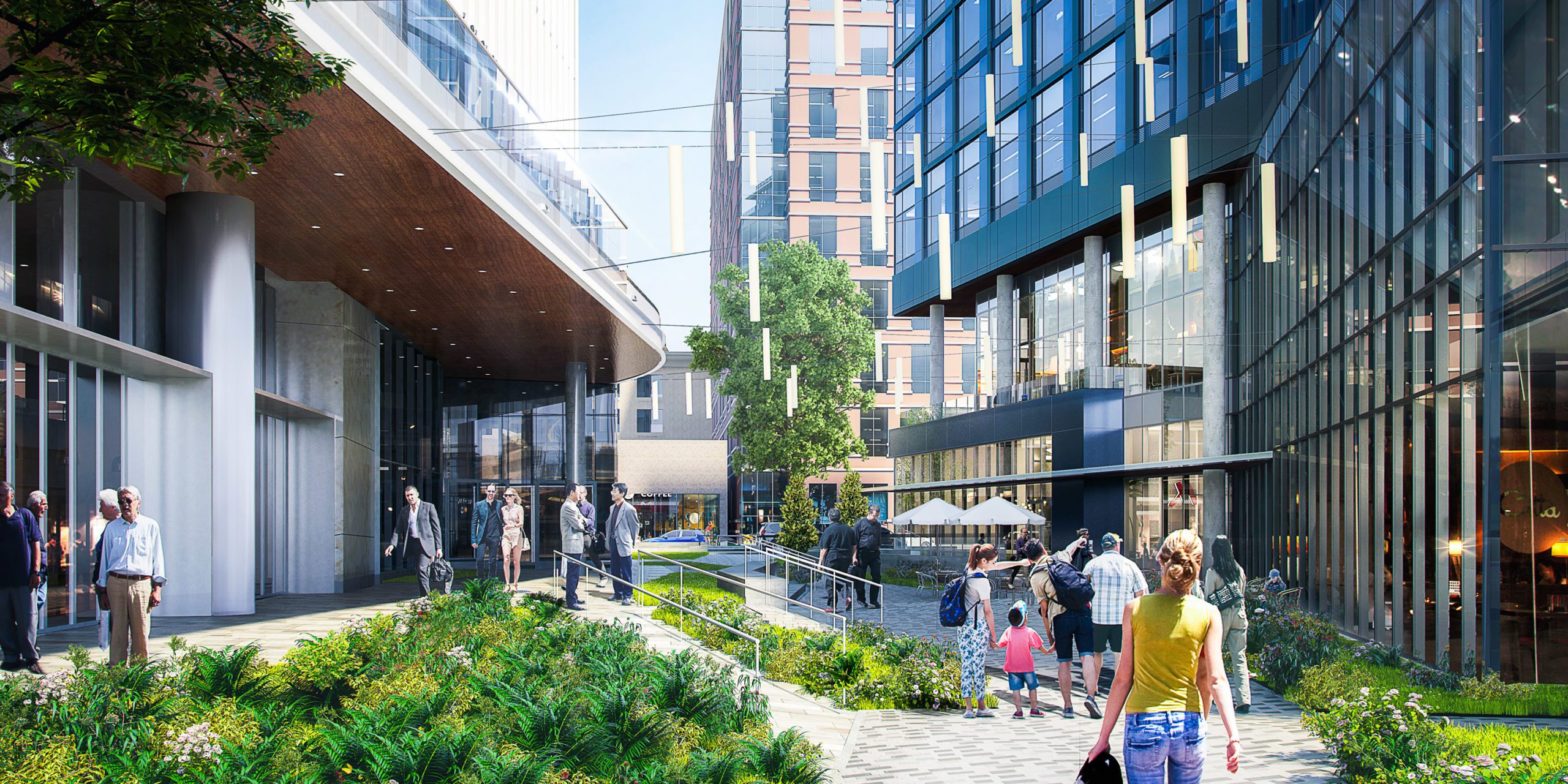 Architect's Rendering of a bustling Marriott Bethesda HQ courtyard