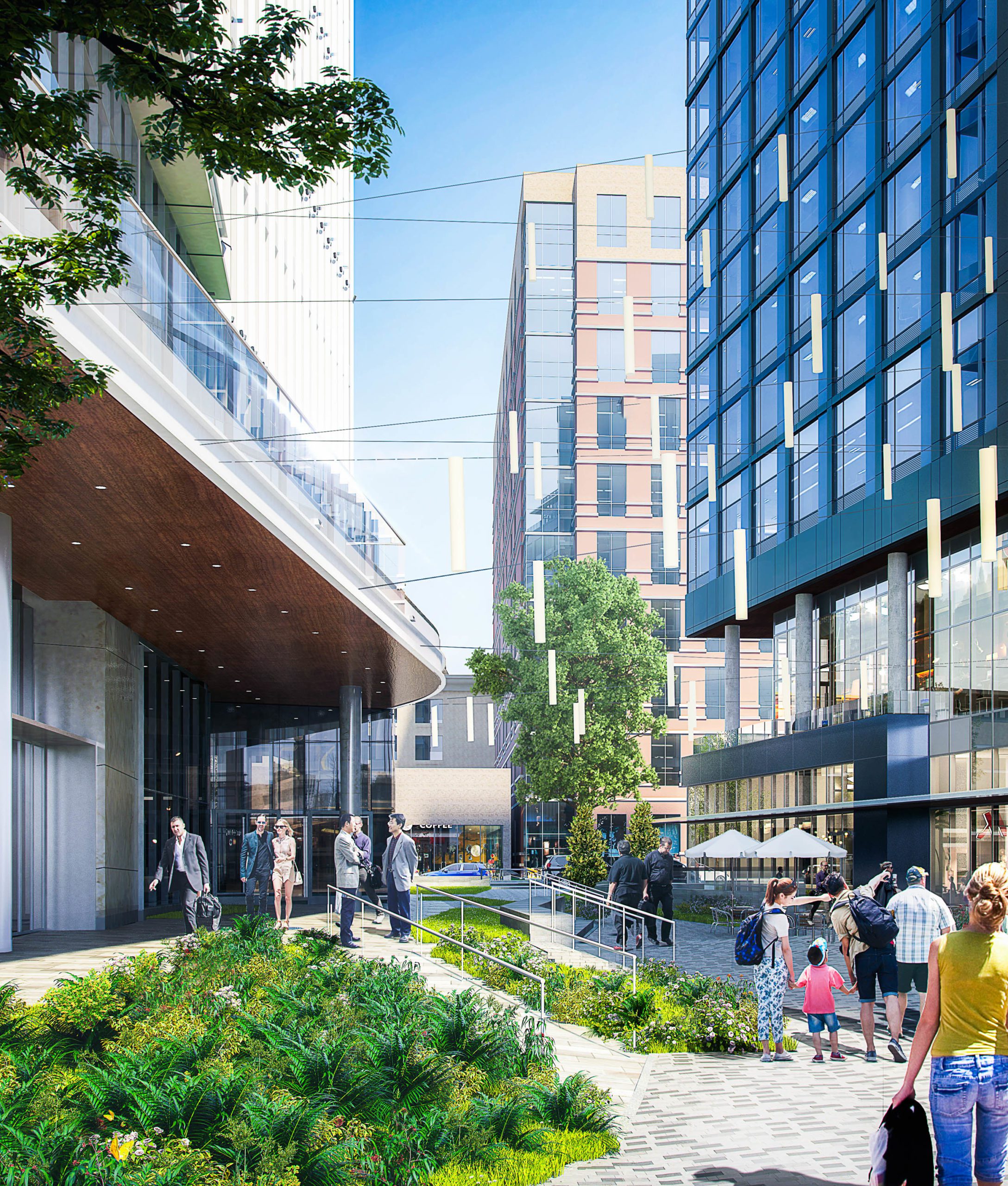 Architect's Rendering of a bustling Marriott Bethesda HQ courtyard