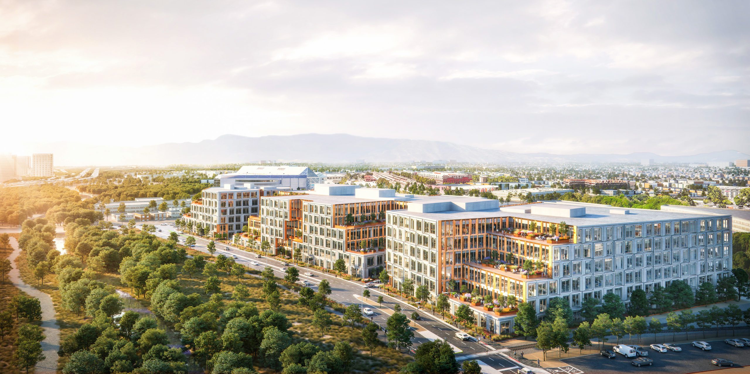 Rendering of Platform 16 surrounded by trees and ample greenspace.