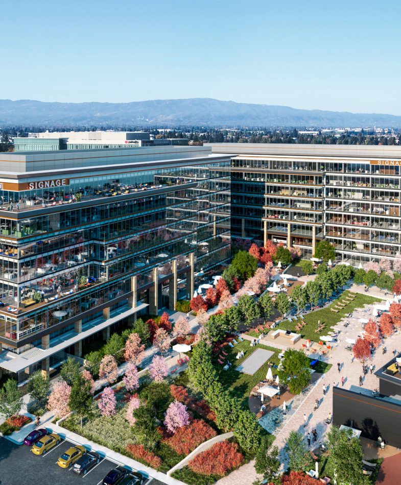 Architectural rendering of Santa Clara Crossing and it's exterior greenspace.