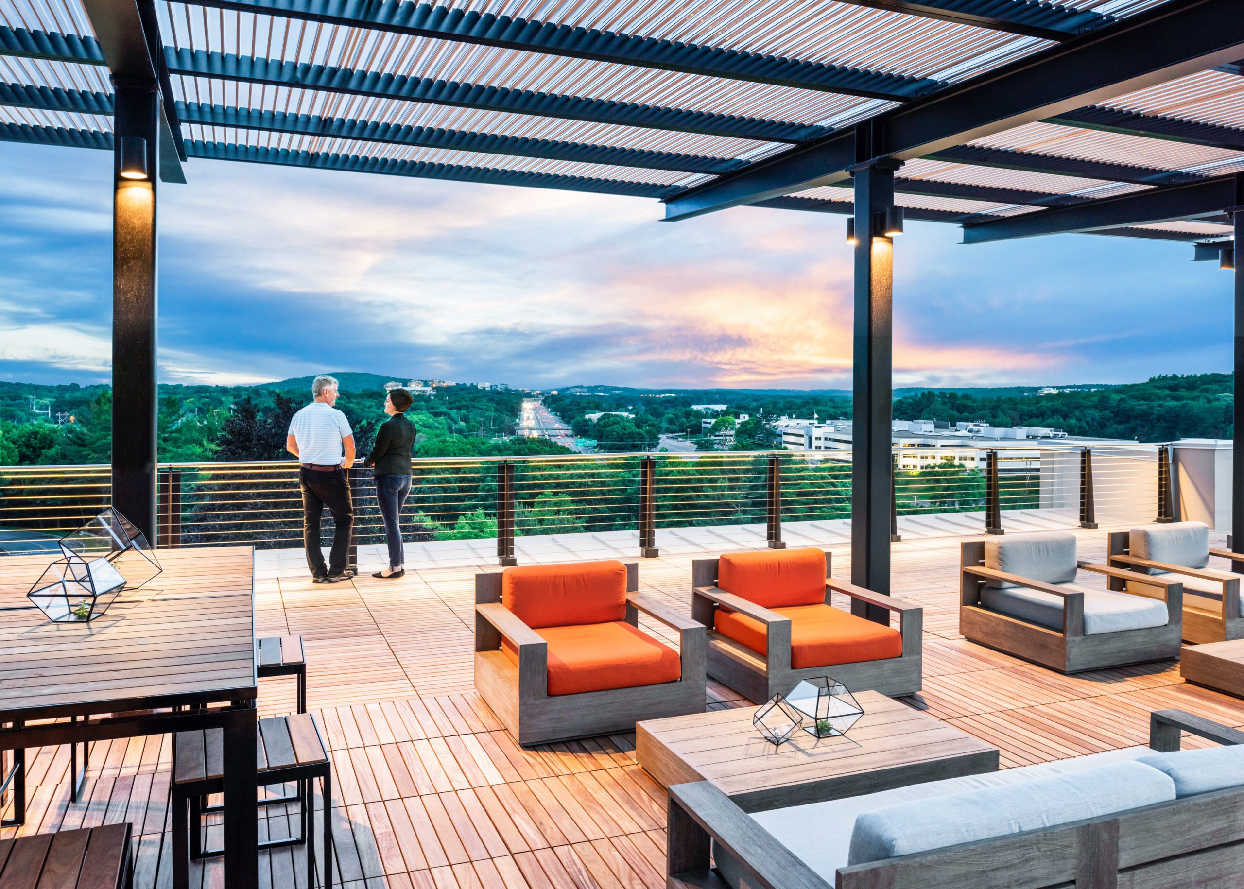 Rooftop space at sunset.
