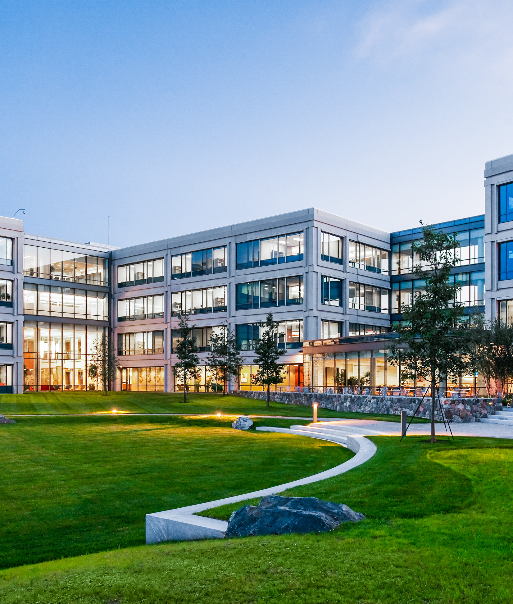 Greenspace at Weston Corporate Center at dusk.