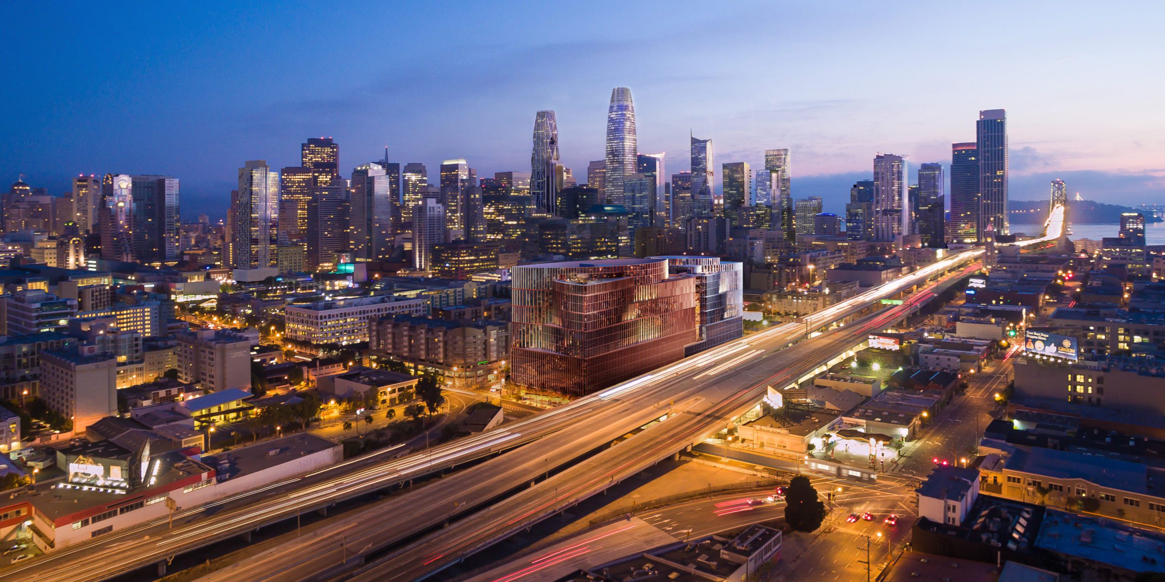 Aerial View of Fourth and Harrison overlooking the Highway with the San Francisco skyline in the distance.