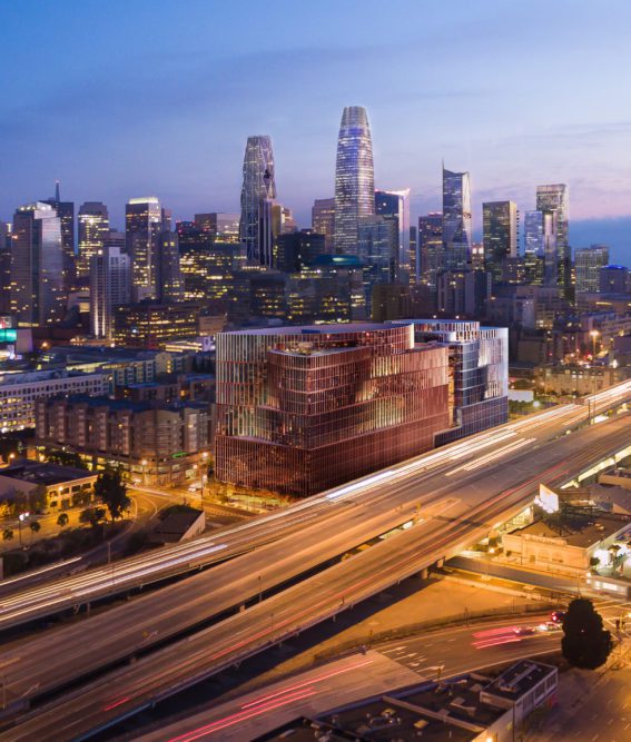 Aerial View of Fourth and Harrison overlooking the Highway with the San Francisco skyline in the distance.