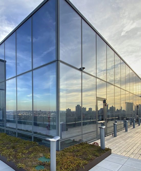 Reflection of New York City skyline in Dock 72.