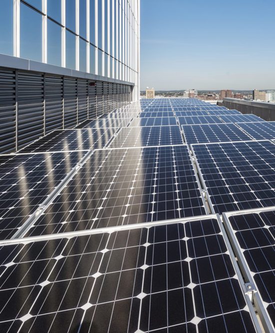 View of solar panels atop 888 Boylston Street in Boston.
