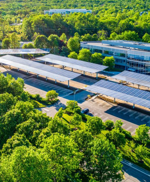 Aerial view of solar panels above the parking lots at Carnegie Center