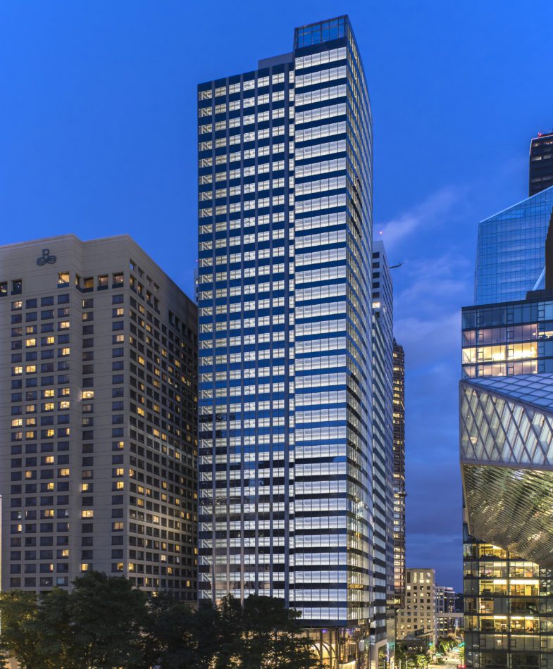 nighttime view of Madison Centre building in Seattle